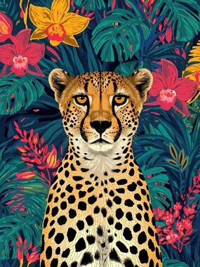 Colorful Leopard / Cheetah Jungle Floral Art Poster Print